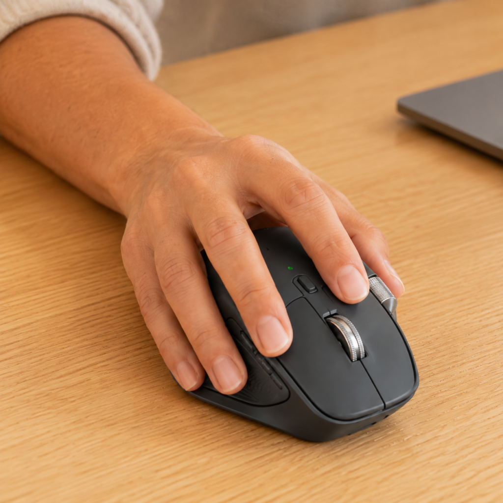 Mouse sem fio Logitech MX Master 4 na cor grafite sobre mesa de home office
