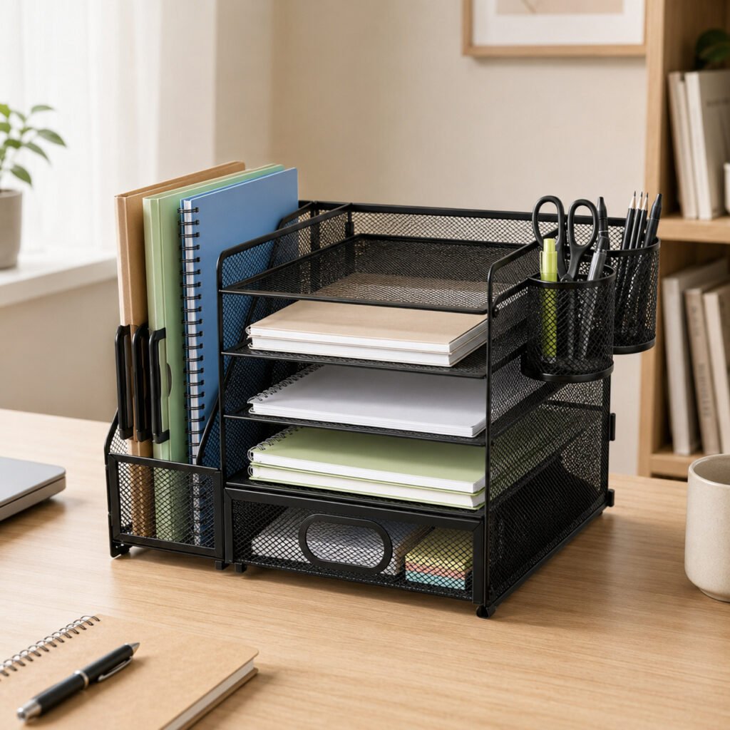 Organizador de mesa de metal preto com porta-caneta e gaveta sobre uma mesa de home office