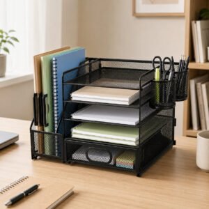 Organizador de mesa de metal preto com porta-caneta e gaveta sobre uma mesa de home office
