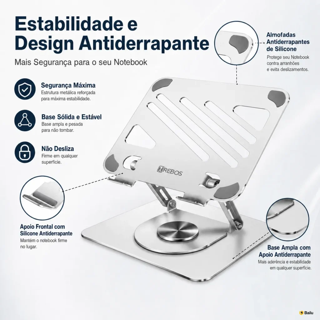 Suporte de mesa em metal prata da Hrebos com notebook apoiado e base giratória 360 graus