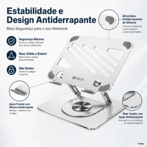 Suporte de mesa em metal prata da Hrebos com notebook apoiado e base giratória 360 graus
