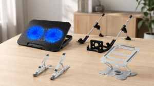 Quatro tipos de suporte para notebook comparados sobre mesa de home office