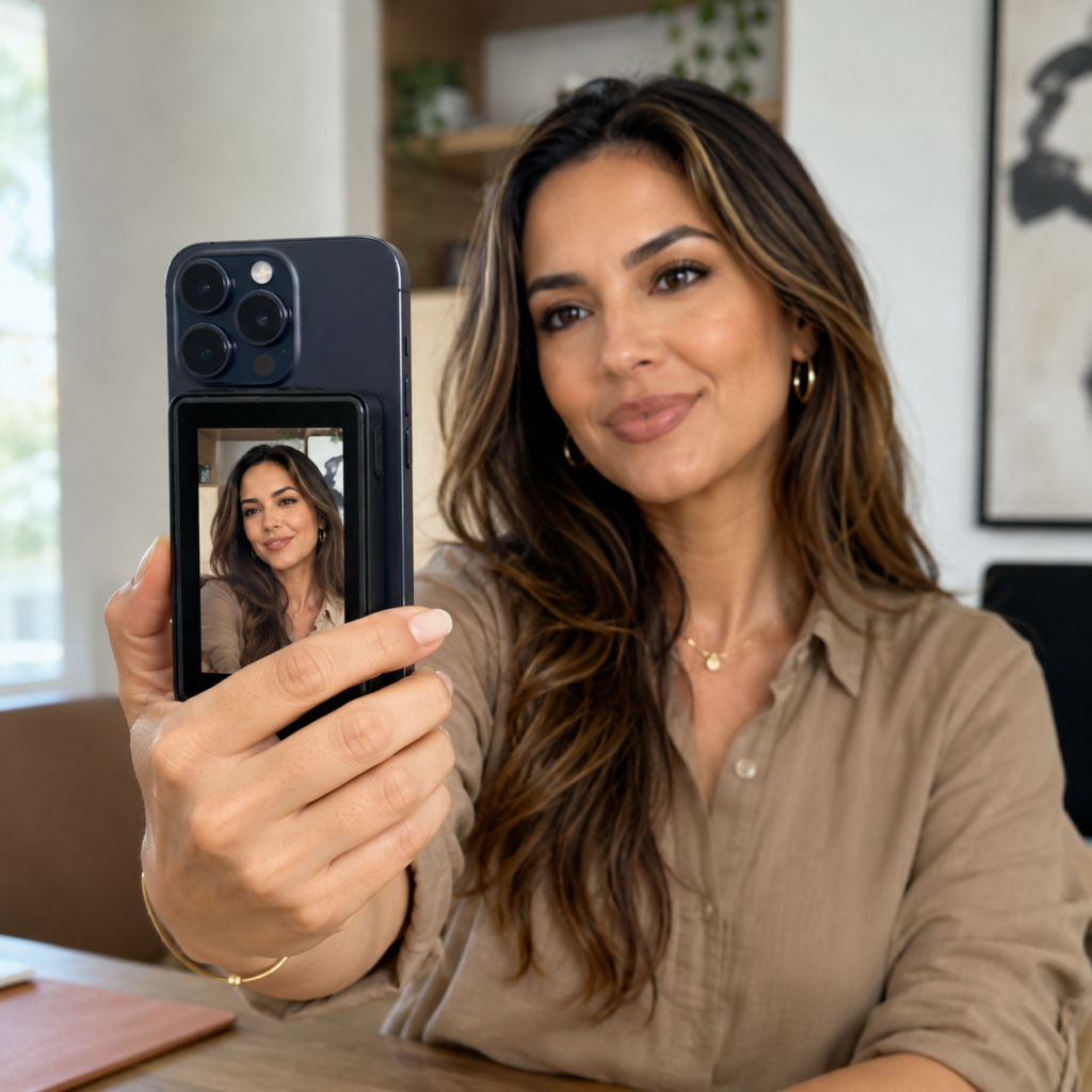 Tela magnética para selfie fixada na traseira de um celular mostrando a imagem da câmera